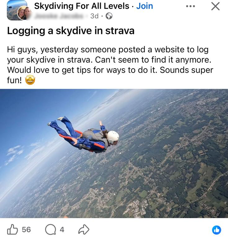 Facebook post from a skydiver asking how to log a skydive in Strava